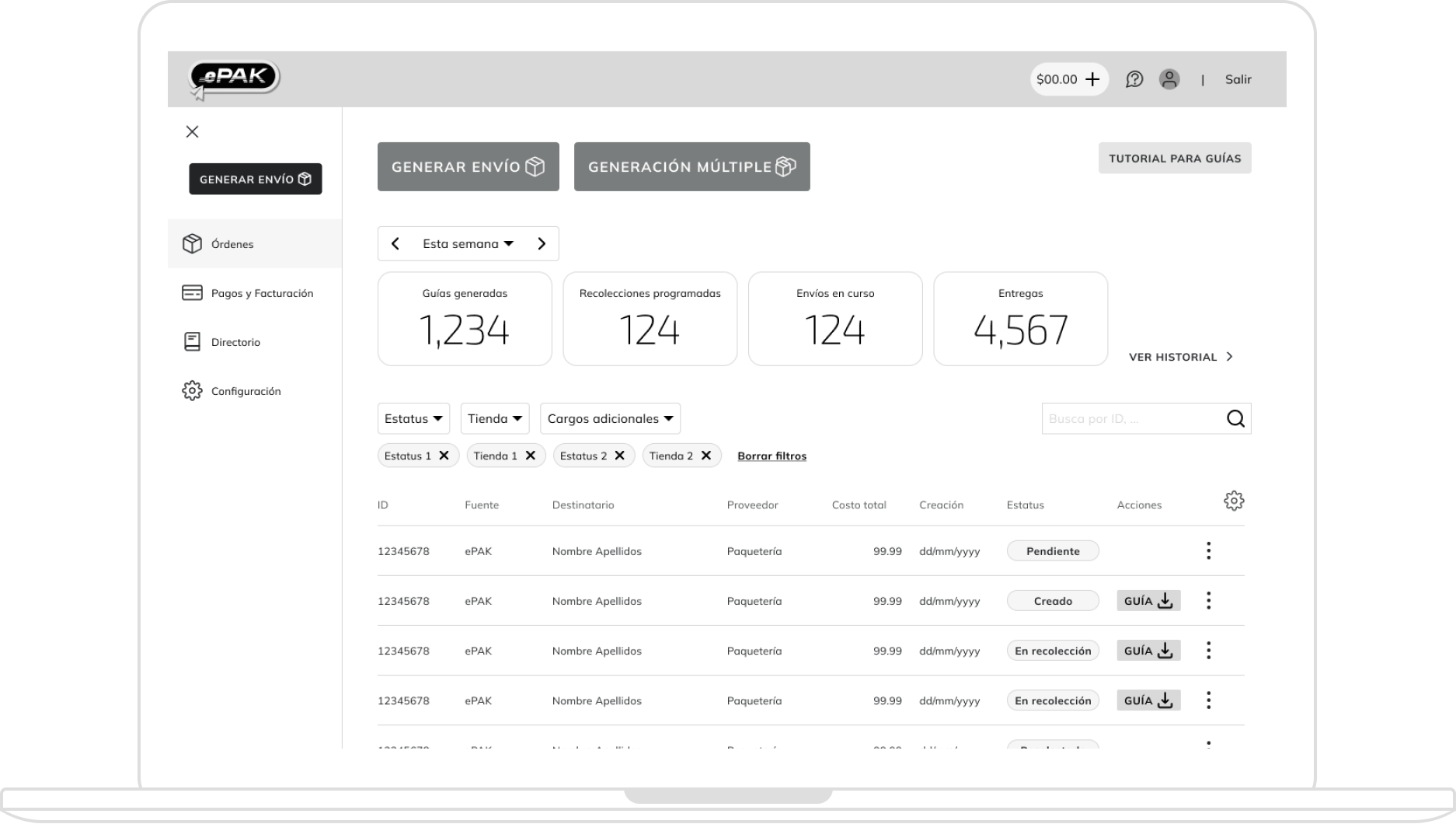 ePAK desktop wireframes